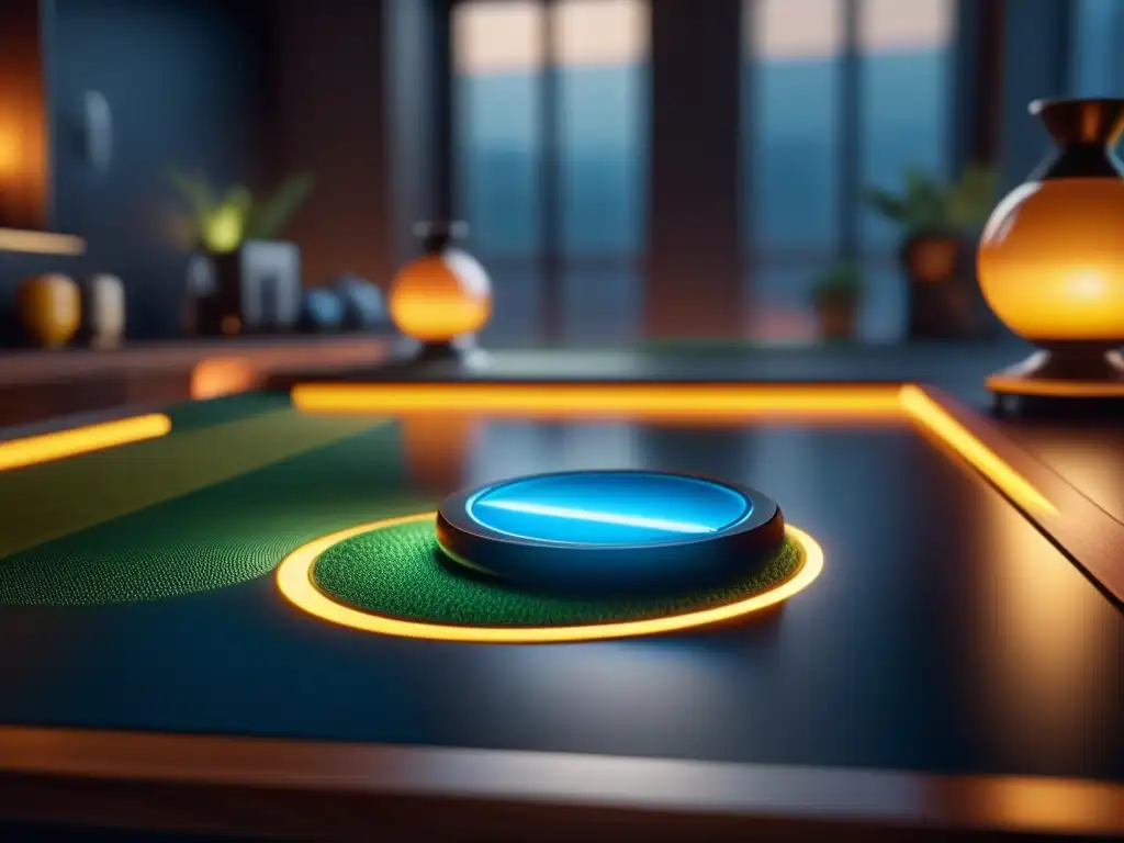 Detallada imagen de una mesa de juegos con iluminación integrada, resaltando figuras y juegos de mesa con un cálido resplandor