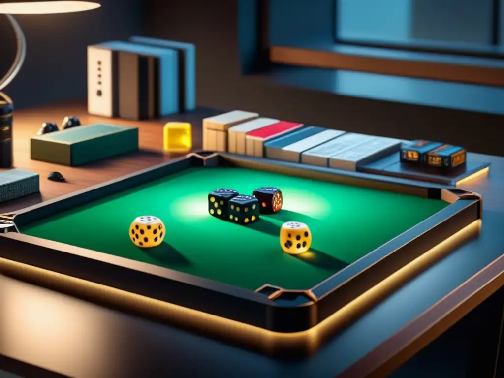 Detallada imagen de mesa de juegos con accesorios organizados y luces LED, ideal para amantes de juegos de mesa