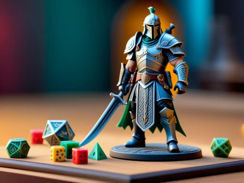 Detallada miniatura impresa en 3D de guerrero fantástico en escenario de juego de mesa, destacando la personalización