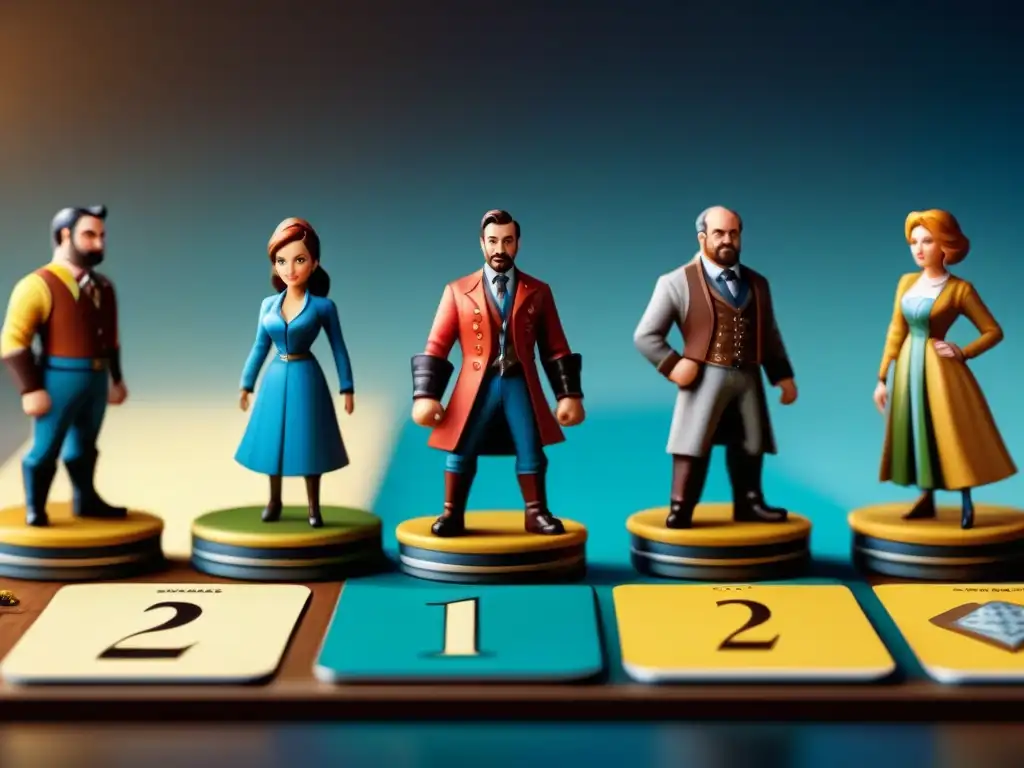 Ilustración detallada de personajes de juego de mesa evolucionando de simples a detallados, simbolizando dinámicas de desarrollo en juegos de mesa