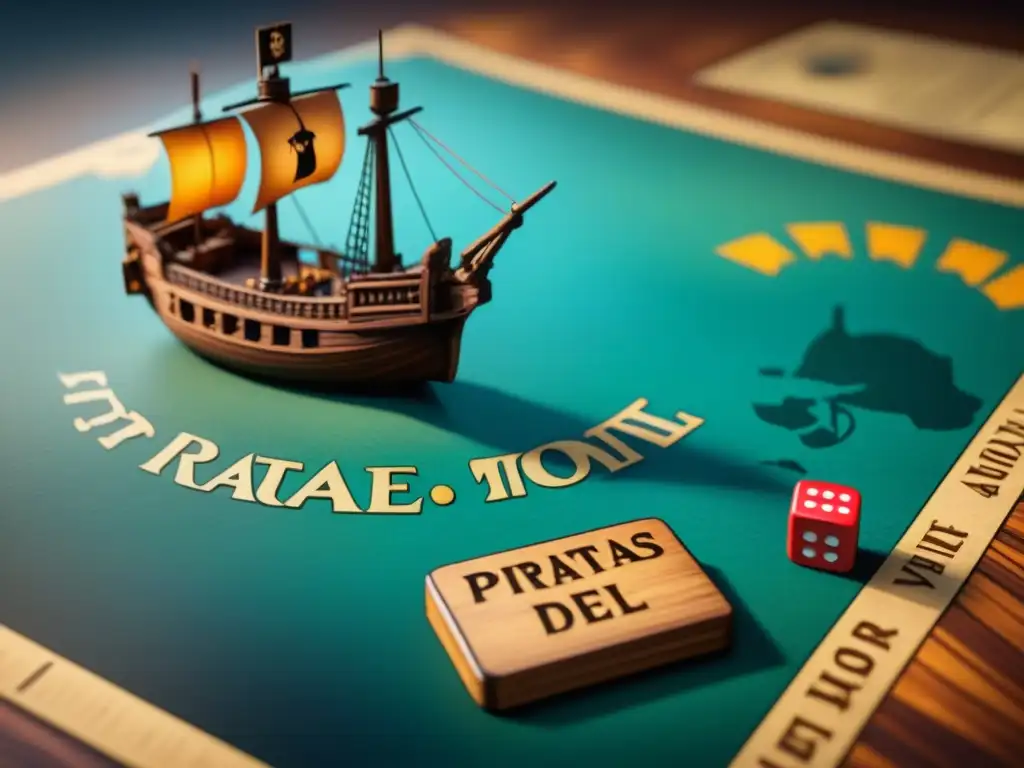 Emocionante pieza de juego de barco pirata en madera Detallada pieza de juego de mesa Piratas del Caribe: madera labrada con aventura y nostalgia en mapa vintage
