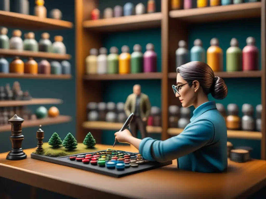 Detallada pintura de miniaturas en juegos de mesa, artista concentrado entre paletas de colores y piezas organizadas