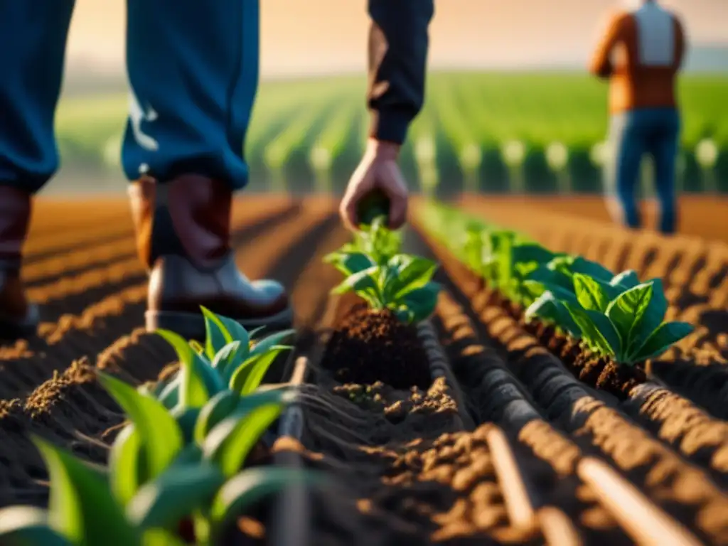 Detallada siembra de cultivos en campo soleado, reflejando estrategias en acción en Agrícola