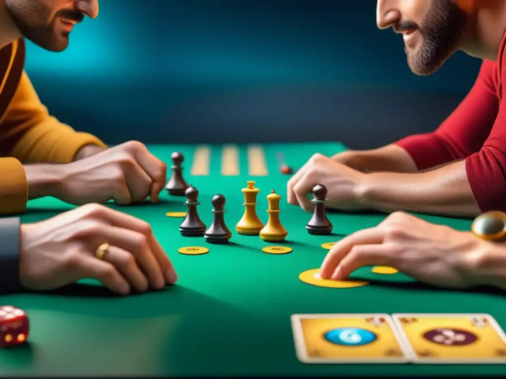 Una fotografía detallada y vibrante de amigos concentrados en un juego de mesa, transmitiendo emoción y compañerismo