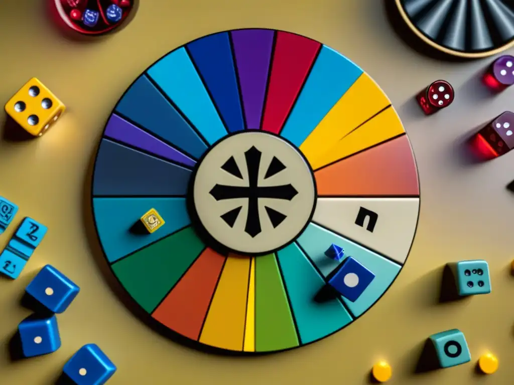 Detallado círculo cromático con significado colores en juegos de mesa, rodeado de elementos de juegos en vibrantes tonos