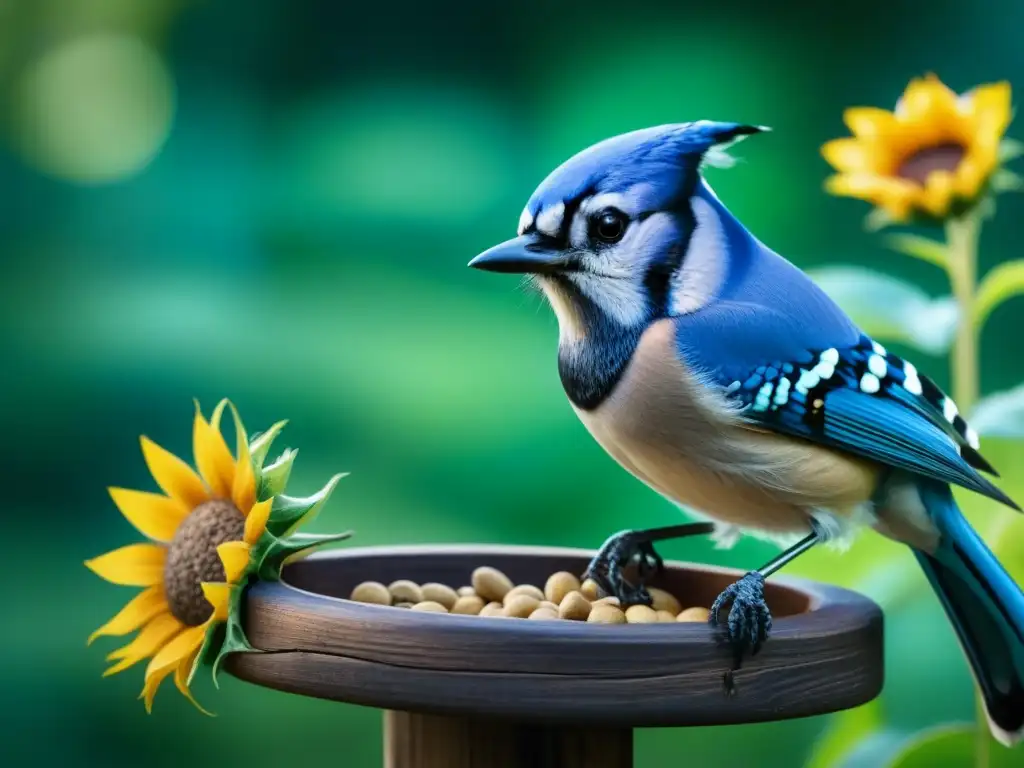 Un detallado closeup de un jay azul sobre un comedero de aves, con plumaje vibrante, ojos brillantes y semillas de girasol