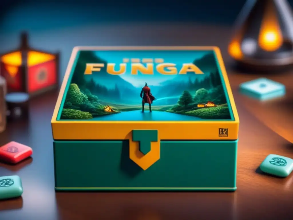 Detallado diseño de empaquetado en juegos de mesa con ilustraciones fantásticas y colores vibrantes, rodeado de piezas de juego coloridas