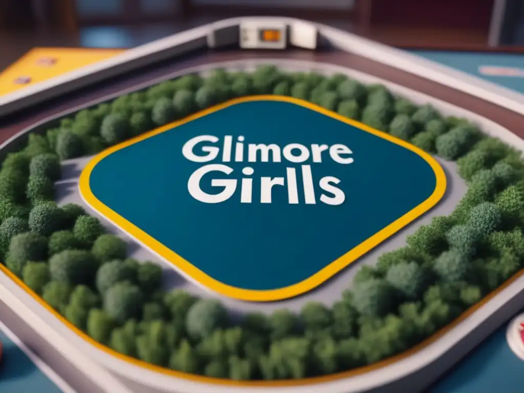 Un detallado y encantador tablero del juego de mesa de 'Gilmore Girls', con locaciones de Stars Hollow, piezas de colores y atmósfera nostálgica