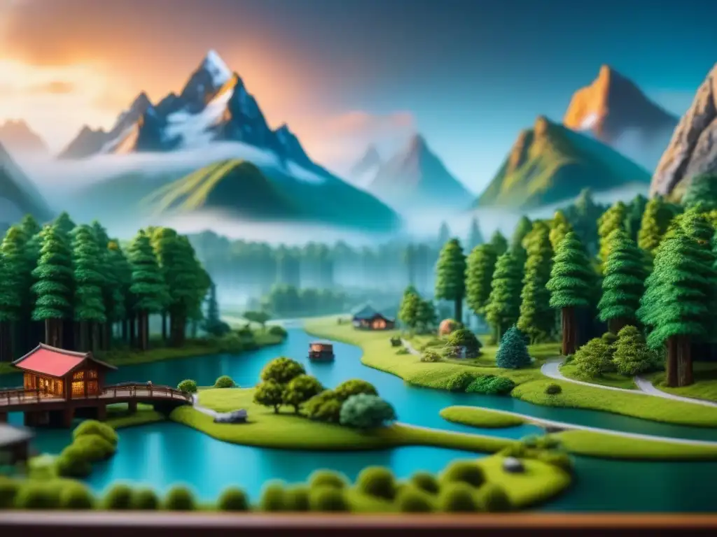 Un detallado tablero de juego con paisajes en miniatura, un mundo diverso de bosques, ríos, montañas y ciudades