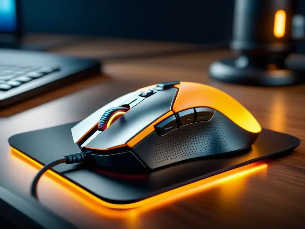 Mouse gaming de alta gama deslizándose sobre mousepad premium Detalle de una alfombrilla de juego premium con un mouse deslizándose suavemente, destacando texturas y precisión