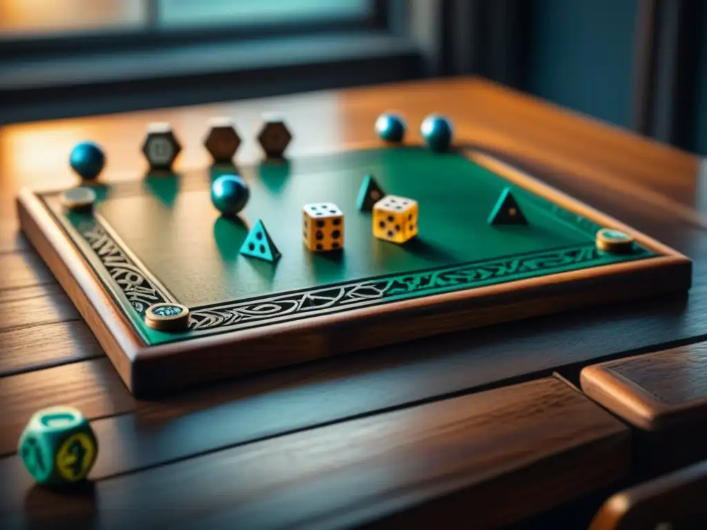 Detalle de un antiguo juego de mesa de madera con piezas metálicas y dados coloridos