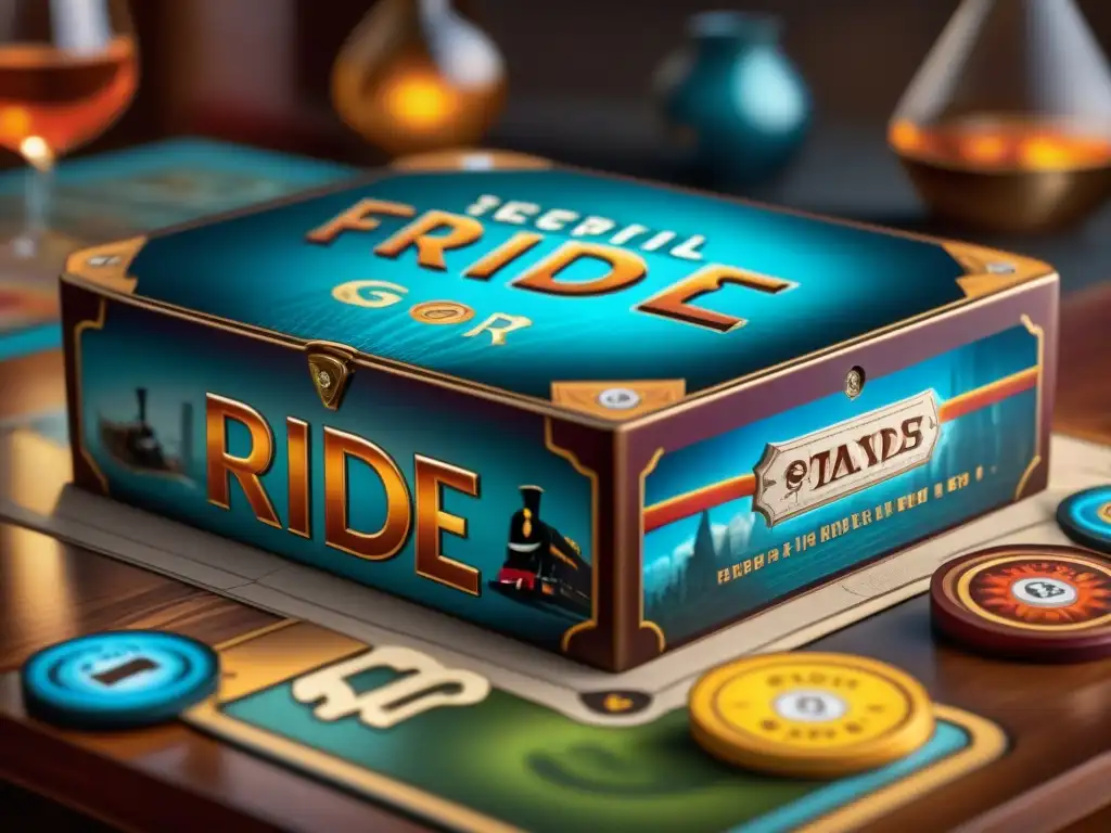 Detalle de la caja de juego Ticket to Ride Edición Limitada, con vibrantes colores y diseño exclusivo, en ambiente de noche de juegos entre amigos