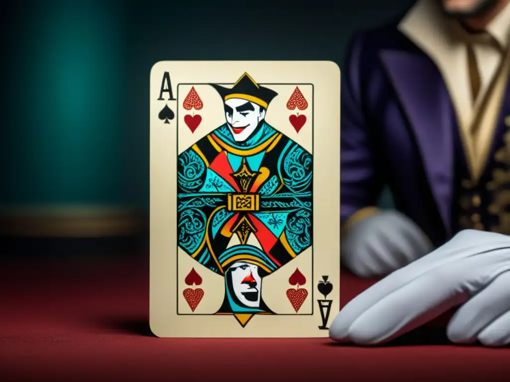 Detalle del Joker de cartas de juego, con diseño intrincado y colores desgastados, en mano misteriosa