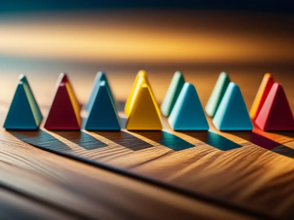 Detalle estratégico de piezas de juego de mesa en mesa de madera, resaltando texturas y colores vibrantes