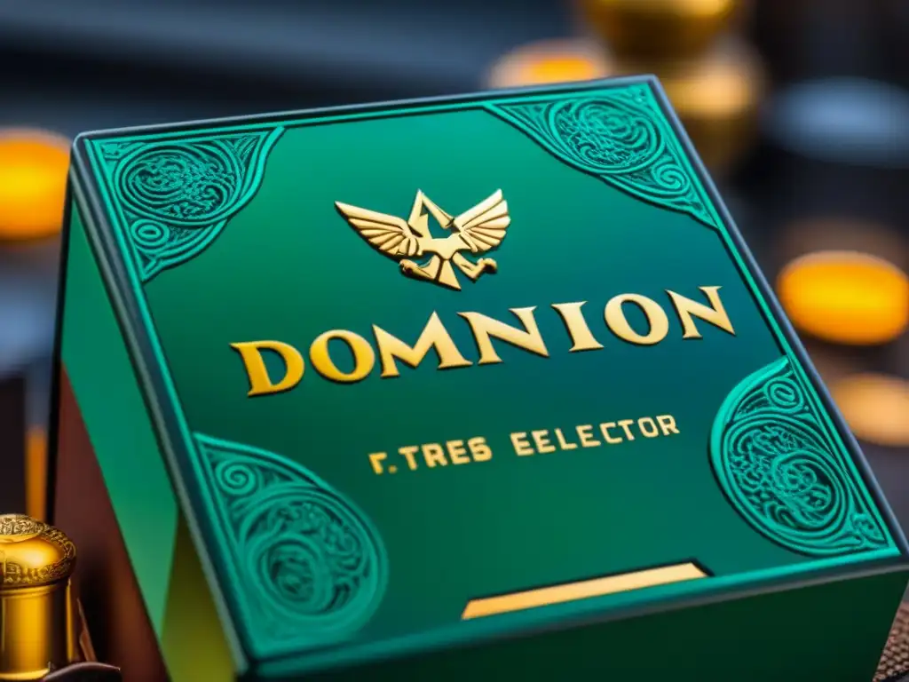 Detalle exclusivo de la caja de juego de edición limitada Dominion, realzada con detalles dorados y colores vibrantes