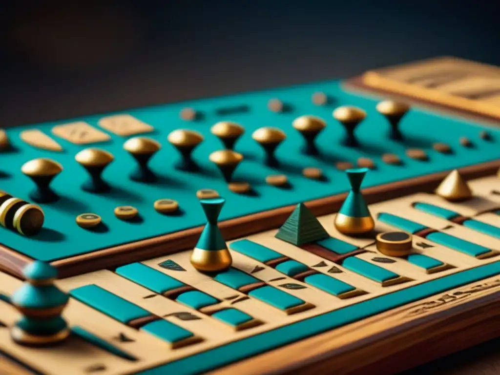 Detalle de faraones egipcios jugando Senet en un tablero de madera y piedras preciosas, revelando la historia de los juegos de mesa en la antigüedad