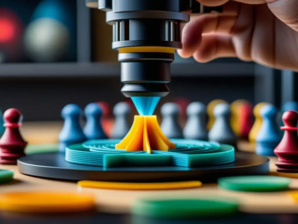 Detalle fascinante: boquilla de impresora 3D creando piezas personalizadas para juegos de mesa