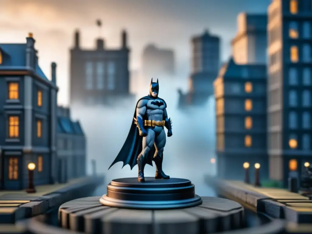 Detalle impresionante de figuras del juego mesa Batman Gotham, con luces dinámicas resaltando texturas y colores