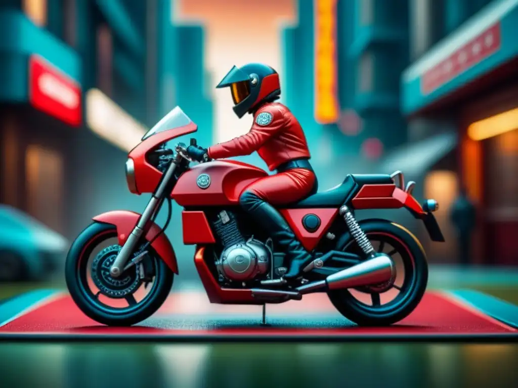 Detalle increíble de una pieza de juego de mesa de Akira: la icónica moto roja, en un escenario urbano futurista