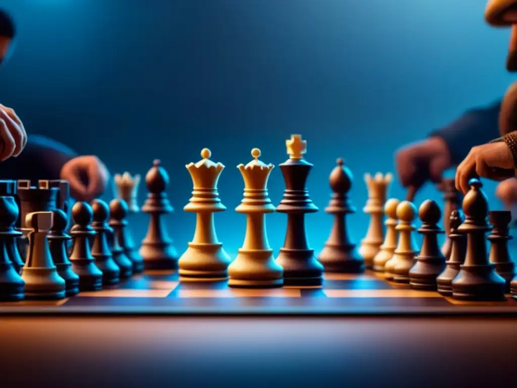 Intensa partida de ajedrez en campeonato: estrategias y concentración Detalle intenso de una partida de ajedrez en la final de la Copa Mundial Ajedrez, con jugadores concentrados y estratégicos