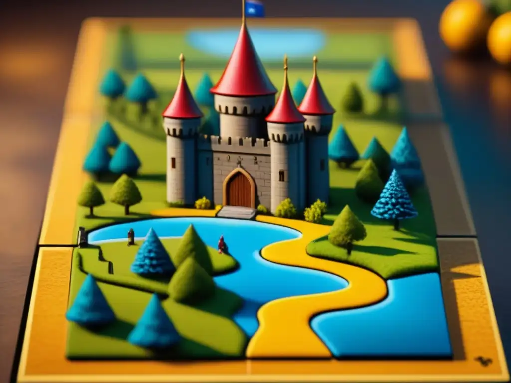 Detalle intrincado de las baldosas del juego de mesa Carcassonne, mostrando paisajes medievales