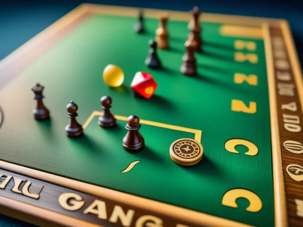 Detalle de juego de mesa antiguo con piezas de madera talladas a mano y tablero vintage desgastado