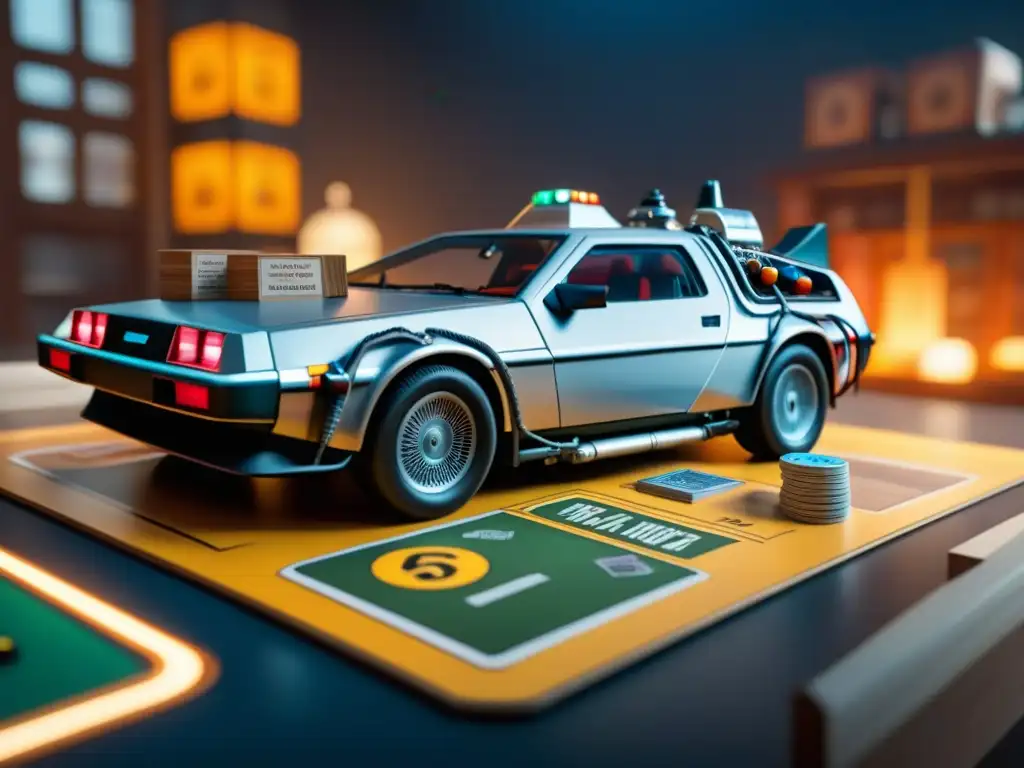 Detalle del juego de mesa Back to the Future con ilustraciones icónicas de Hill Valley y la máquina del tiempo DeLorean