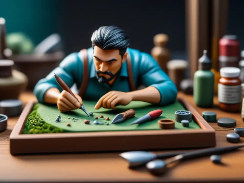 Detalle de manos expertas creando miniaturas caseras para juegos de mesa con herramientas de modelado y pintura