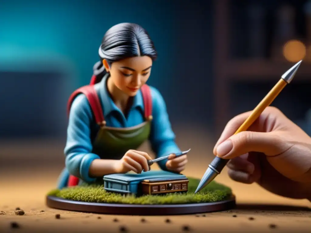 Detalle minucioso: manos pintando miniatura casera de juegos de mesa, mostrando precisión y dedicación