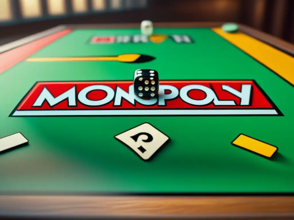 Detalle de un raro set vintage de Monopoly con fichas metálicas y cartas ilustradas sobre mesa de madera