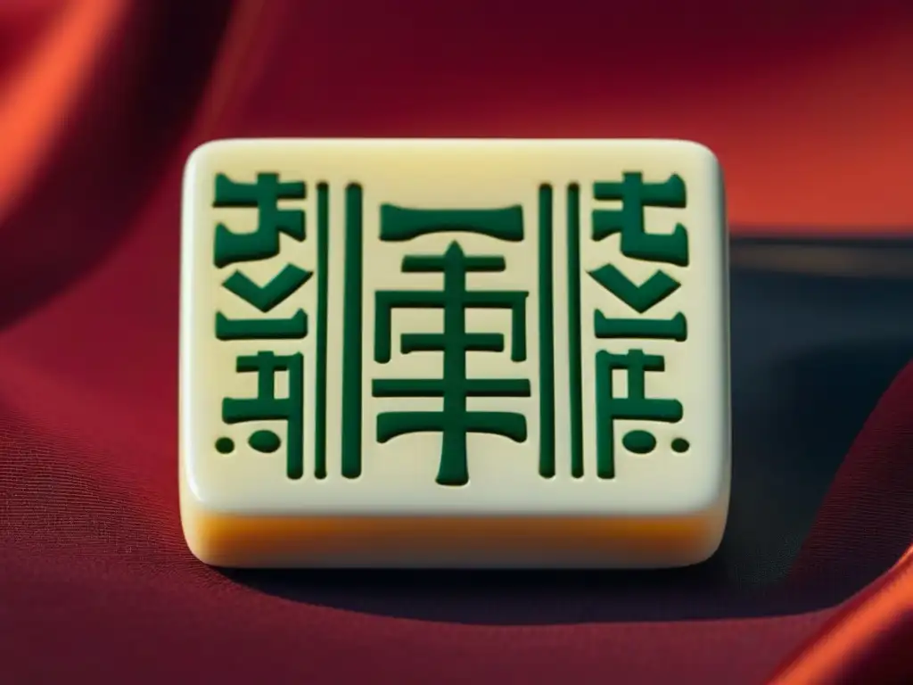 Detalle del set de fichas de marfil de Mahjong, desplegado sobre seda roja con bordados dorados