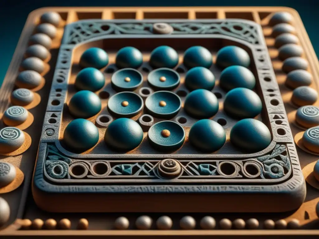 Detalle de tablero antiguo de Mancala esculpido en piedra, con patrones y símbolos intrincados