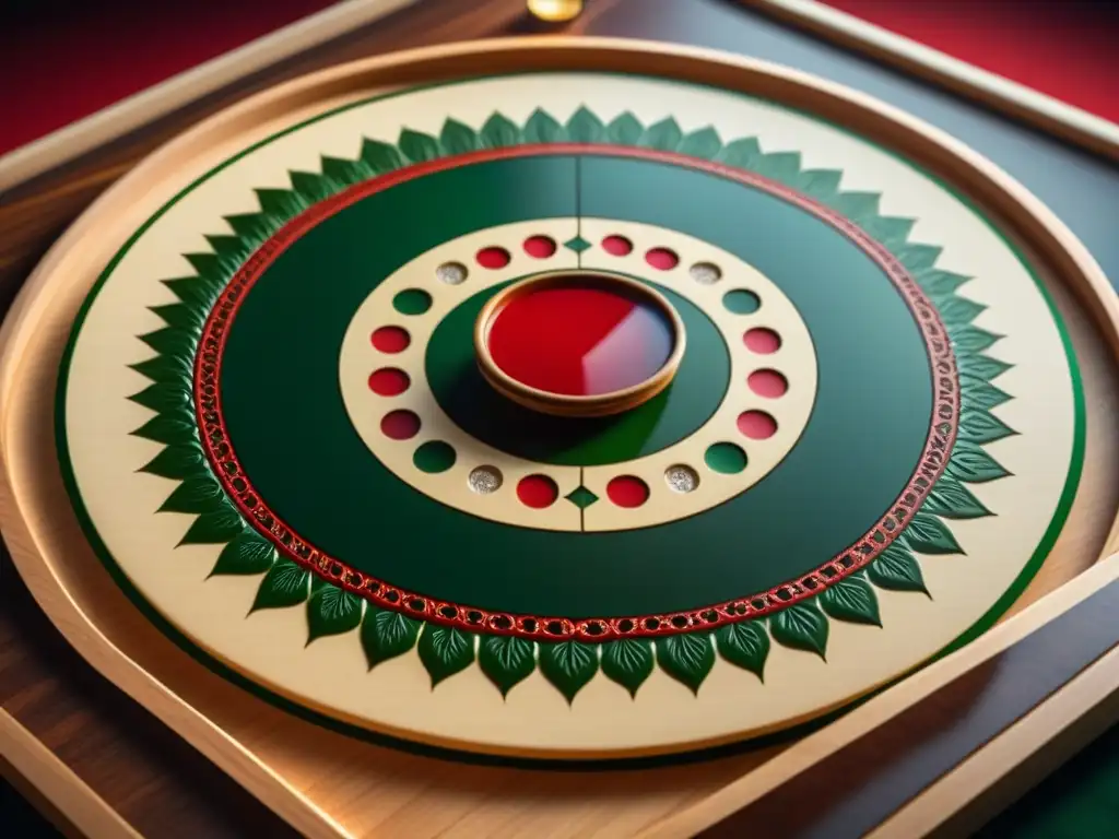 Detalle de un tablero de Carrom tradicional con grabados intrincados y bolsillos rojos y verdes, junto a discos de marfil