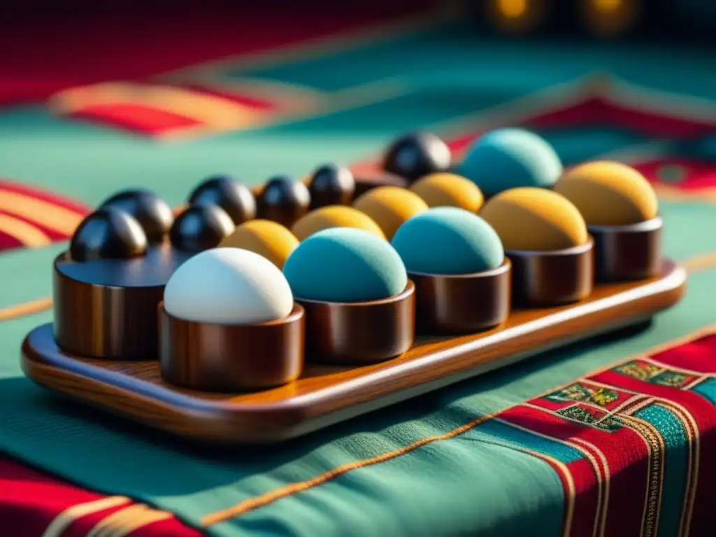 Detalle de un tablero de Mancala de madera, con surcos desgastados y vibrante tela africana de fondo