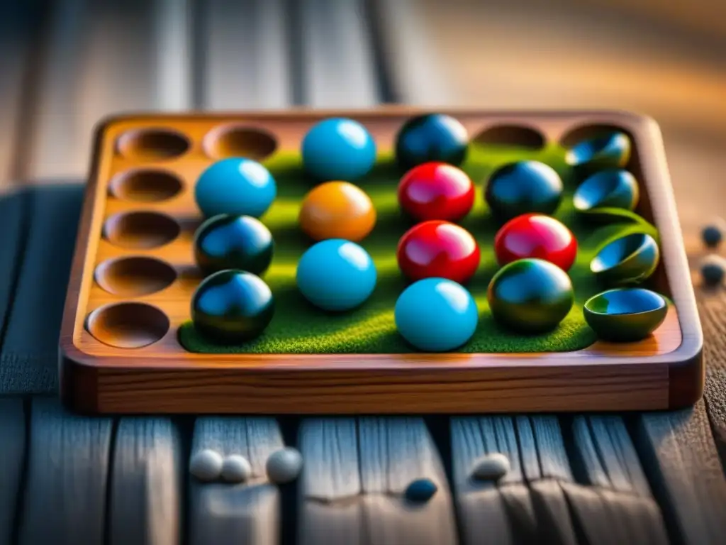 Detalle de un tablero de Mancala de madera con piezas coloridas y estrategias ganadoras de Mancala