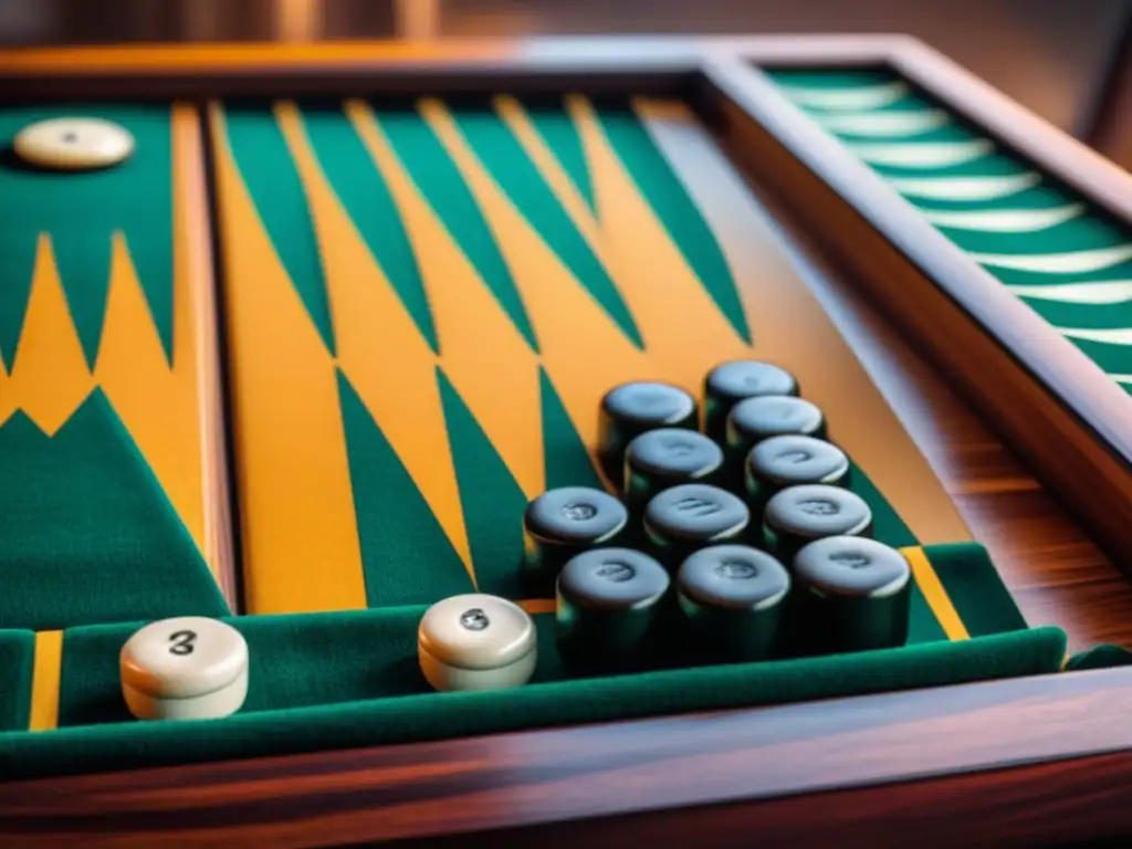 Detalle de un tablero vintage de backgammon, mostrando la madera incrustada y piezas desgastadas