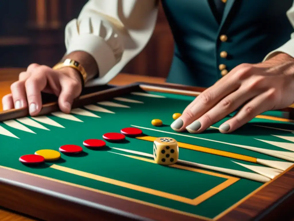 Detalle de tablero de backgammon vintage con tallados intrincados y fichas coloridas en juego