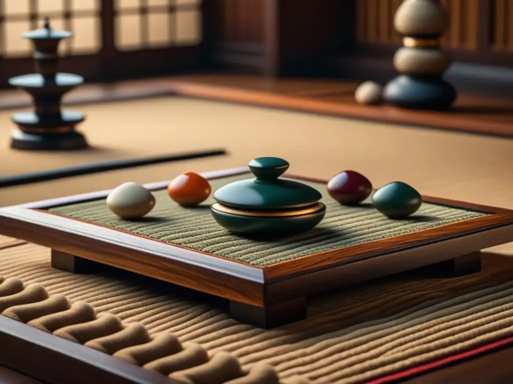 Detalle de tableros antiguos y piedras del juego de Go en tatami japonés, capturando la historia del juego milenario