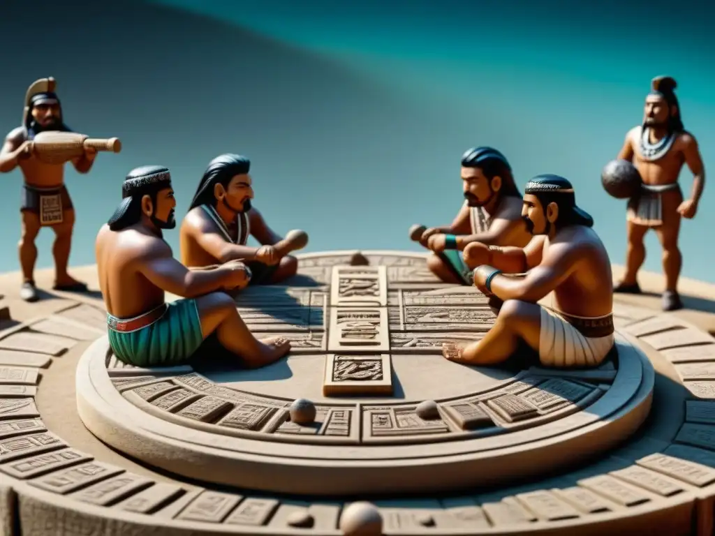 Detalle tallado en piedra de hombres aztecas jugando Patolli, con piezas y espectadores, resaltando la estrategia y cultura del juego de mesa azteca