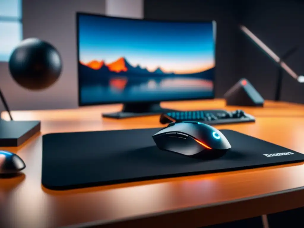 Mousepad gaming premium: tecnología avanzada y diseño detallado Detalles de alta gama en una configuración de gamer con alfombrilla de juego premium y periféricos de calidad