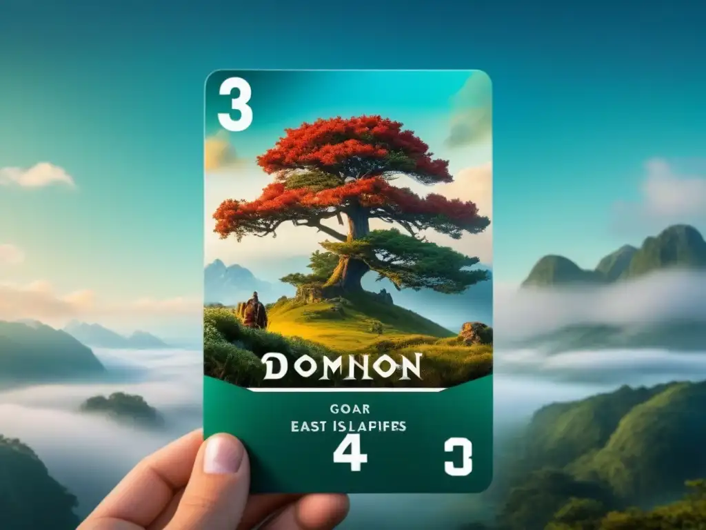 Detalles de carta de Dominion edición limitada con arte detallado de criaturas míticas y paisajes vibrantes, texturas finas