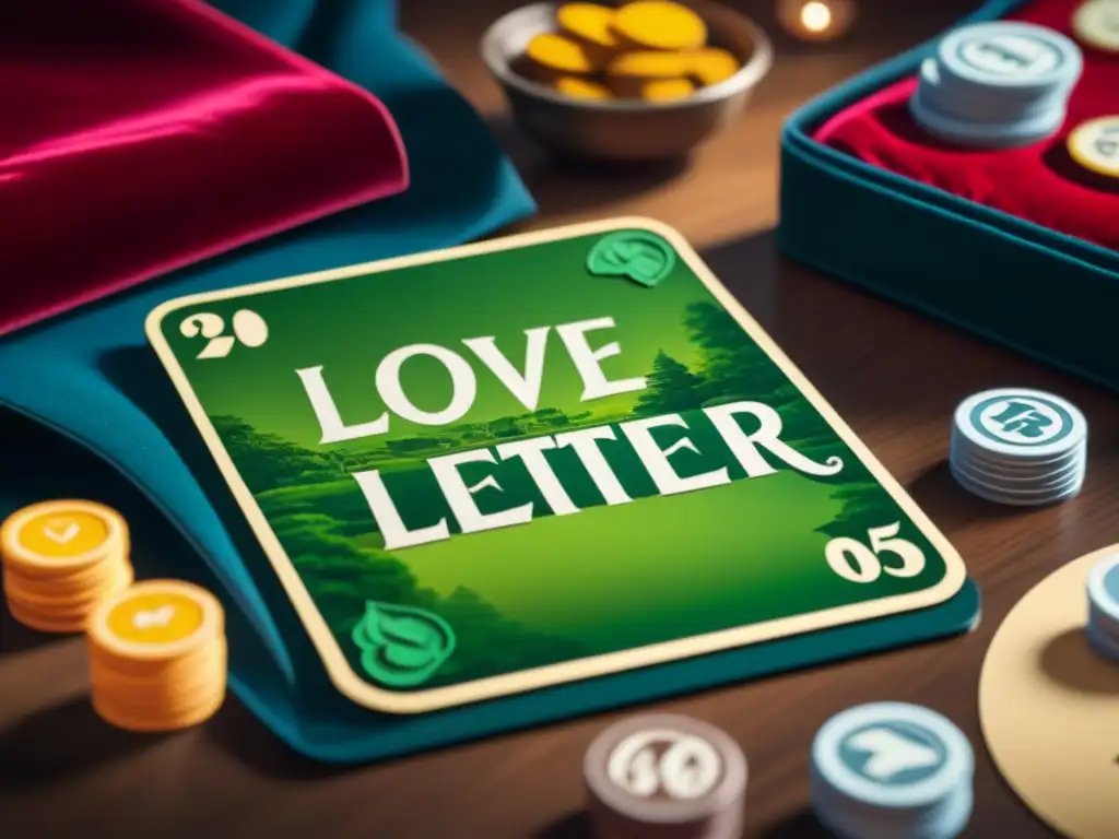 Detalles elegantes del juego de mesa 'Love Letter' en una imagen ultradetallada, resaltando estrategias y encanto temático