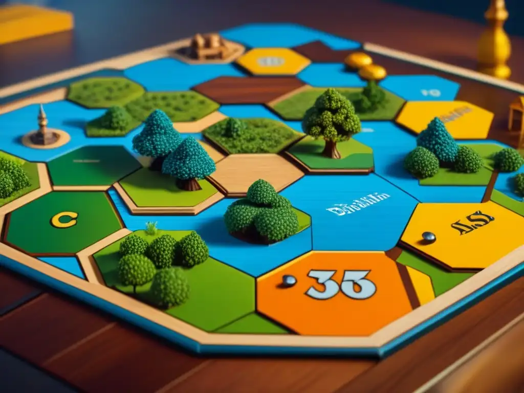 Detalles exquisitos del tablero de juego de madera de Catan, cálido y detallado