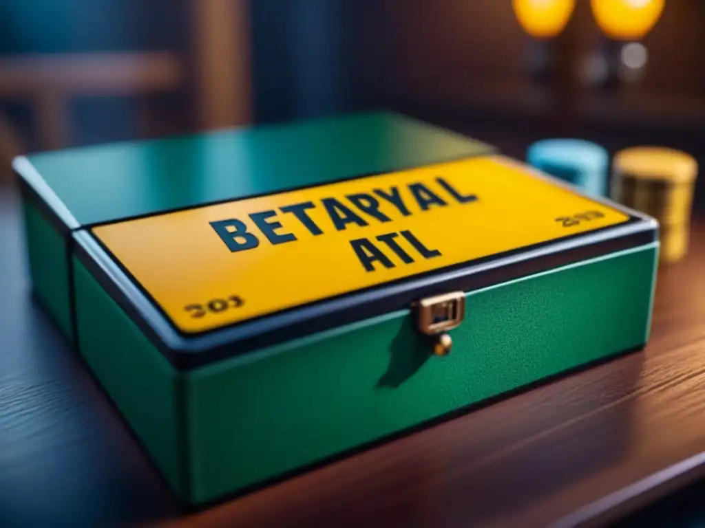 Detalles lujosos del merchandising Betrayal at House on the Hill, con arte intrincado, bordes dorados y miniaturas exclusivas en terciopelo