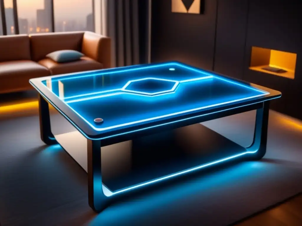 Detalles de mesa de juegos moderna con iluminación integrada, mostrando tecnología avanzada bajo cristal iluminado en ambiente tenue