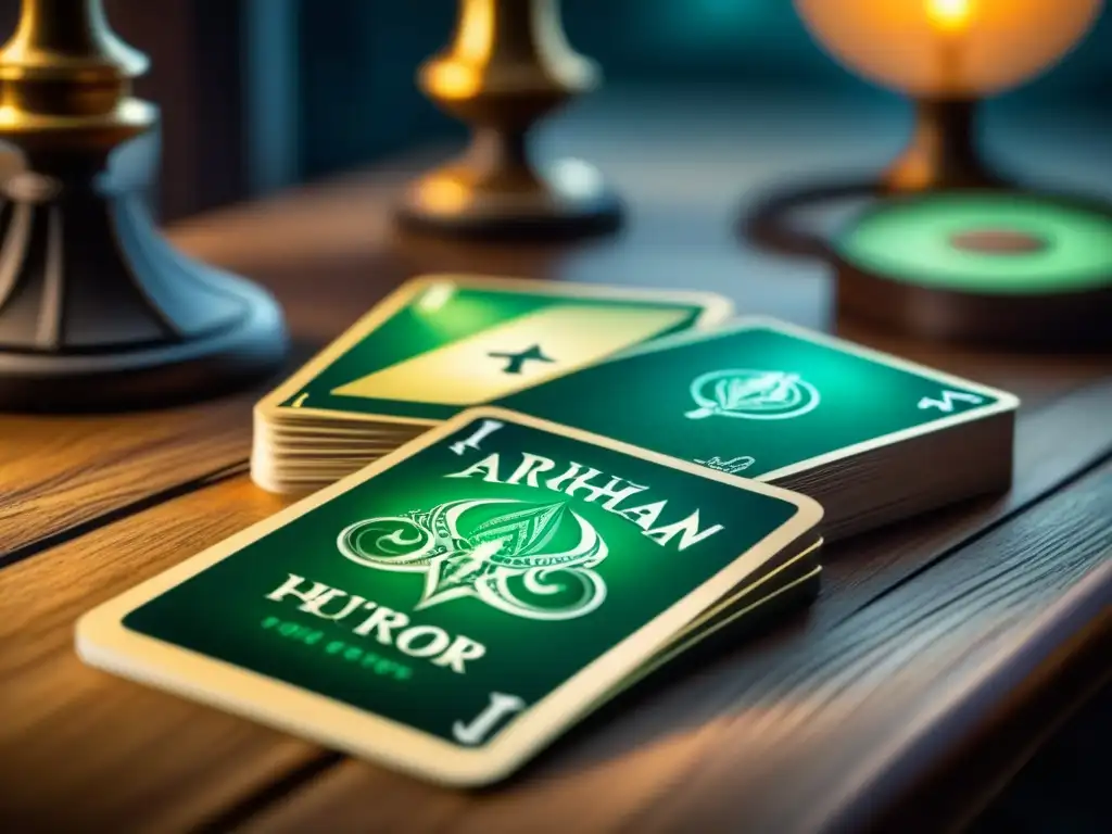 Detalles misteriosos de cartas del juego 'Arkham Horror' en mesa vintage iluminada