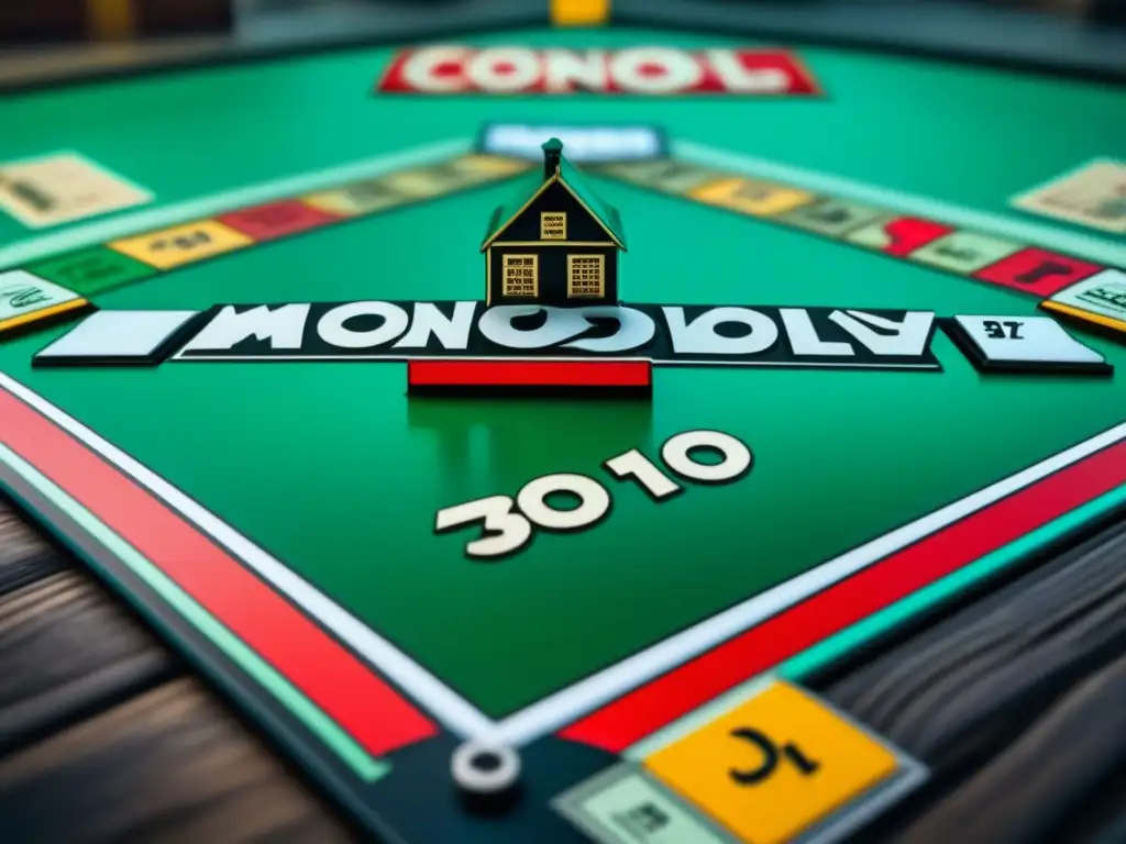 Detalles nostálgicos en un juego de mesa Monopoly vintage con fichas de metal y tarjetas desgastadas, representando la historia de los artículos coleccionables juegos de mesa