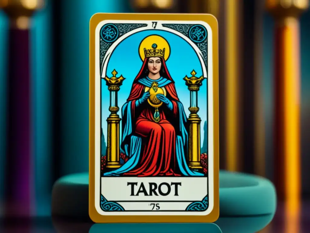 Detalles vibrantes de la carta de Tarot La Sacerdotisa, entre pilares, simbolismos esotéricos