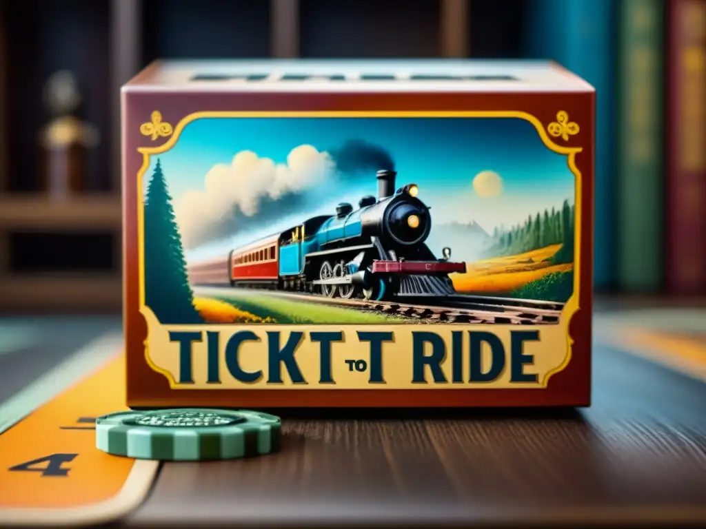 Detalles vibrantes de ediciones limitadas Ticket to Ride en caja vintage con arte intrincado