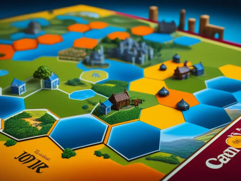 Detalles vibrantes del tablero de Catan con piezas estratégicamente colocadas, mostrando la competitividad del kit de inicio juegos de mesa